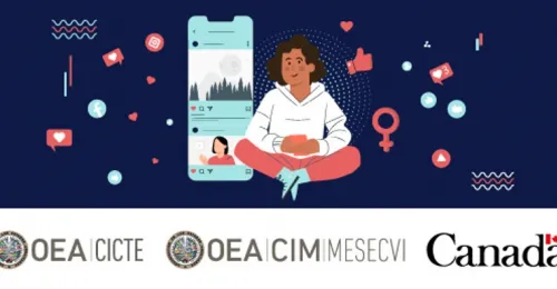 Vector de mujer sentada interactuando en redes sociales, detrás de ella se ve la pantalla del celular y al rededor hay signos como me gusta, me encanta, entre otros.